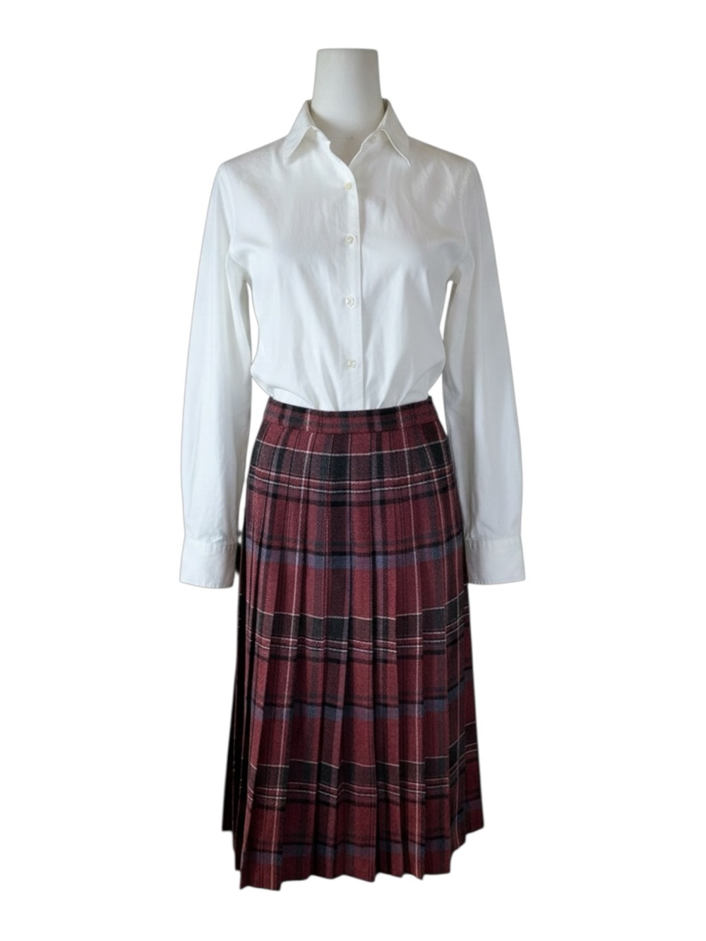 Vintage Edinburgh Woollen Mill Wool Plaid Pleated Midi Skirt Burgundy UK 12